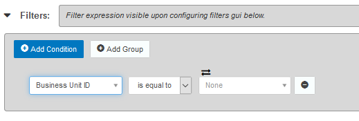 Machine generated alternative text:
Filters: 
Filter expression visible upon configuring filters gui below 
O Add Condition 
ausiness Unt O 
O Add Group 
is equal to 